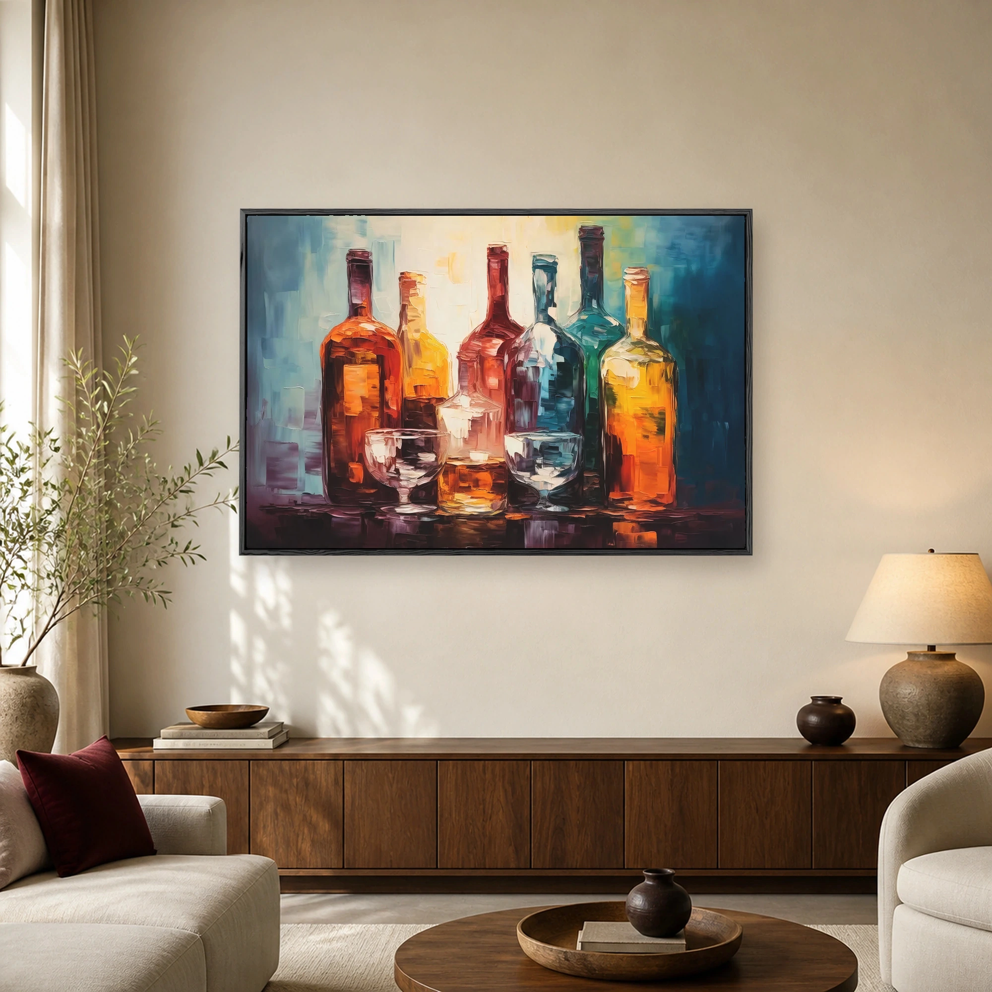 Impasto oil painting of vibrant amber and teal glass bottles and drinking glasses with heavy palette knife texture