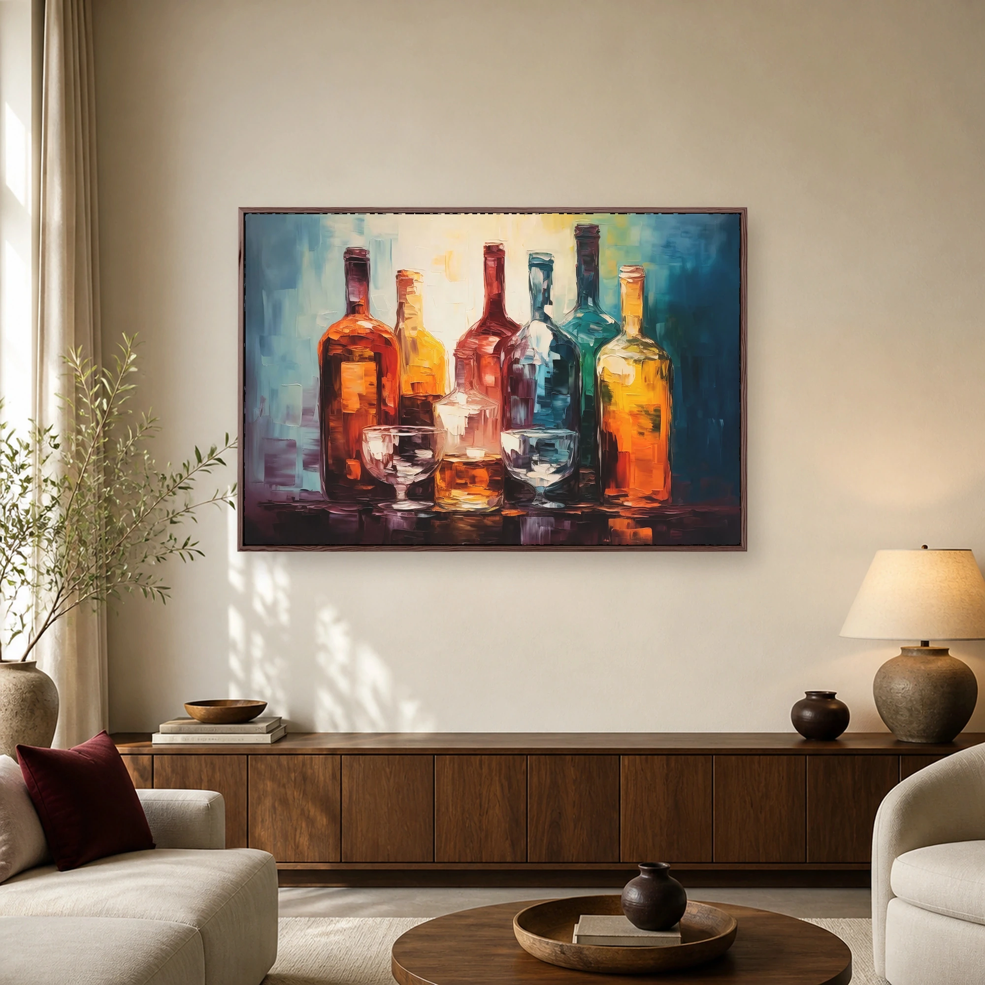 Luminous Glass Bottles Modern Impasto Canvas Art Print, view 2