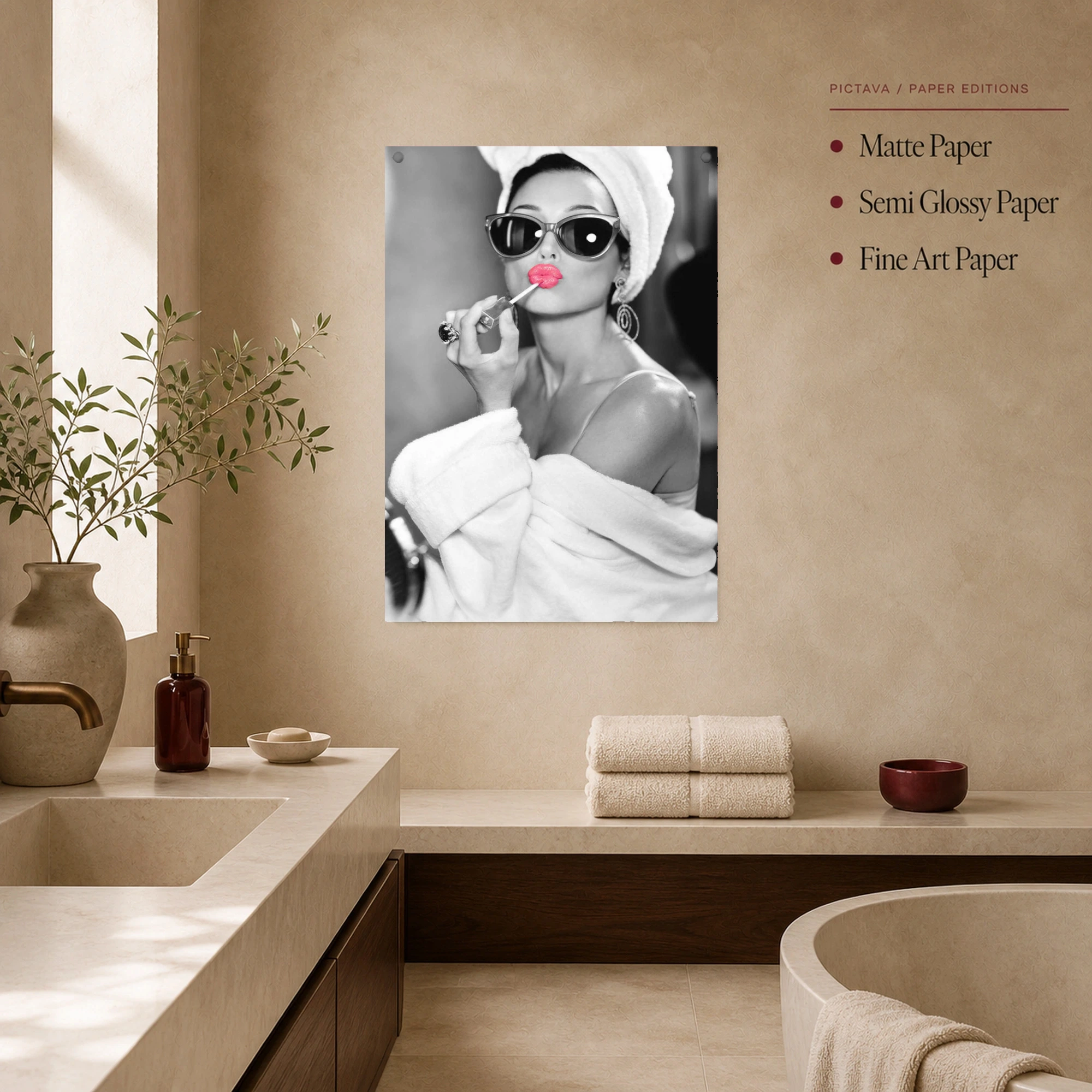 Audrey Hepburn Chic Bathrobe & Pink Lipstick Portrait Wall Art, view 2