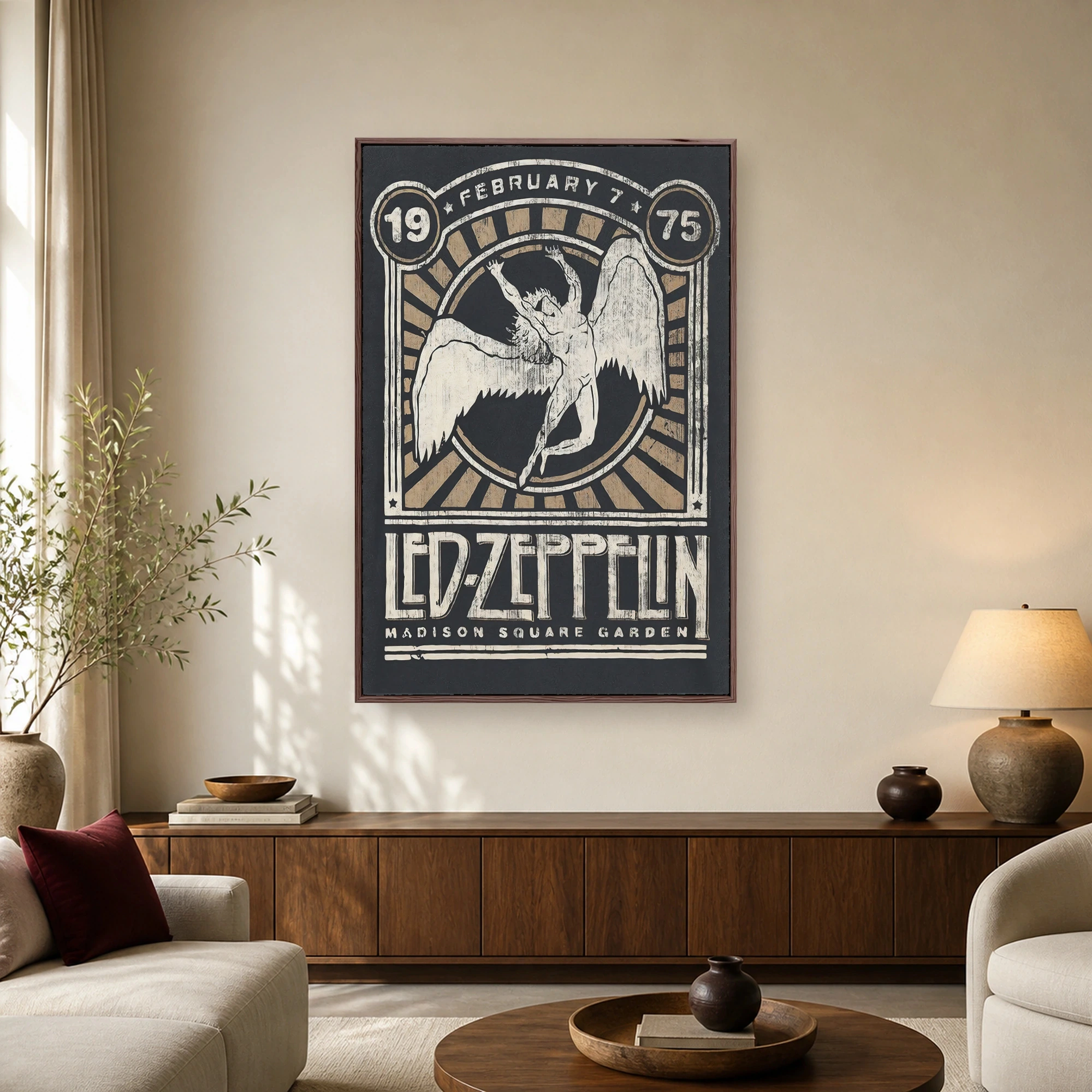 Vintage distressed Led Zeppelin Madison Square Garden 1975 concert poster featuring a winged figure and bold retro typography.