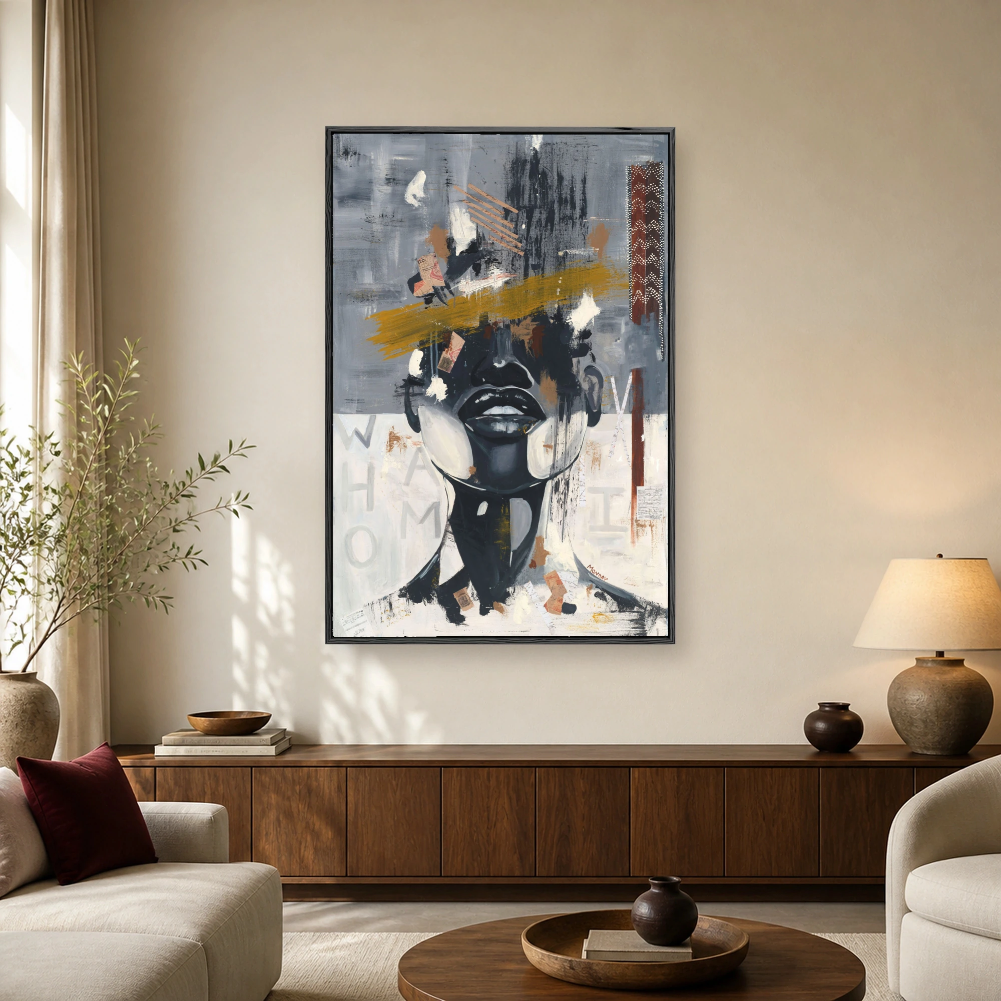 Abstract mixed media artwork of a Black portrait with a mustard yellow paint stroke over the eyes and stenciled text reading Who Am I.