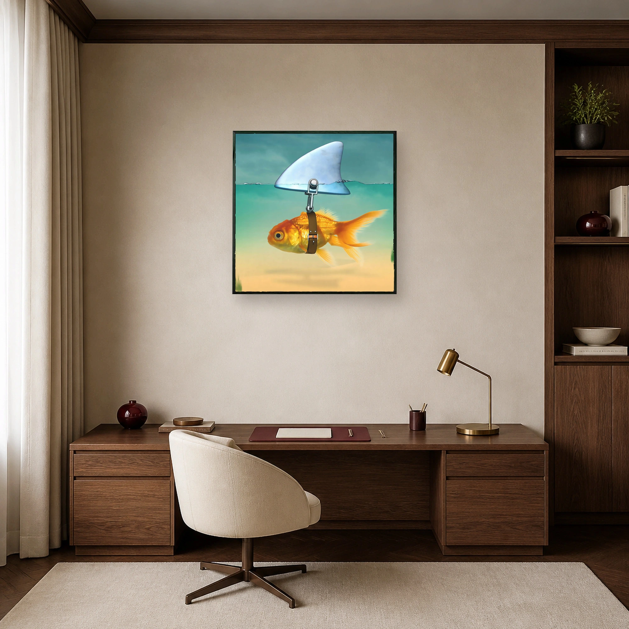 Surreal artwork of a small golden fish wearing a leather harness with a shark fin sticking above turquoise water