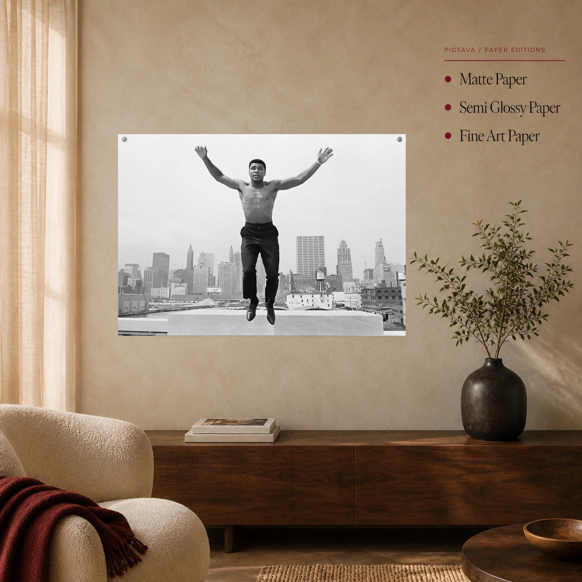 Muhammad Ali Leaping Over Chicago Black and White Wall Art, view 5