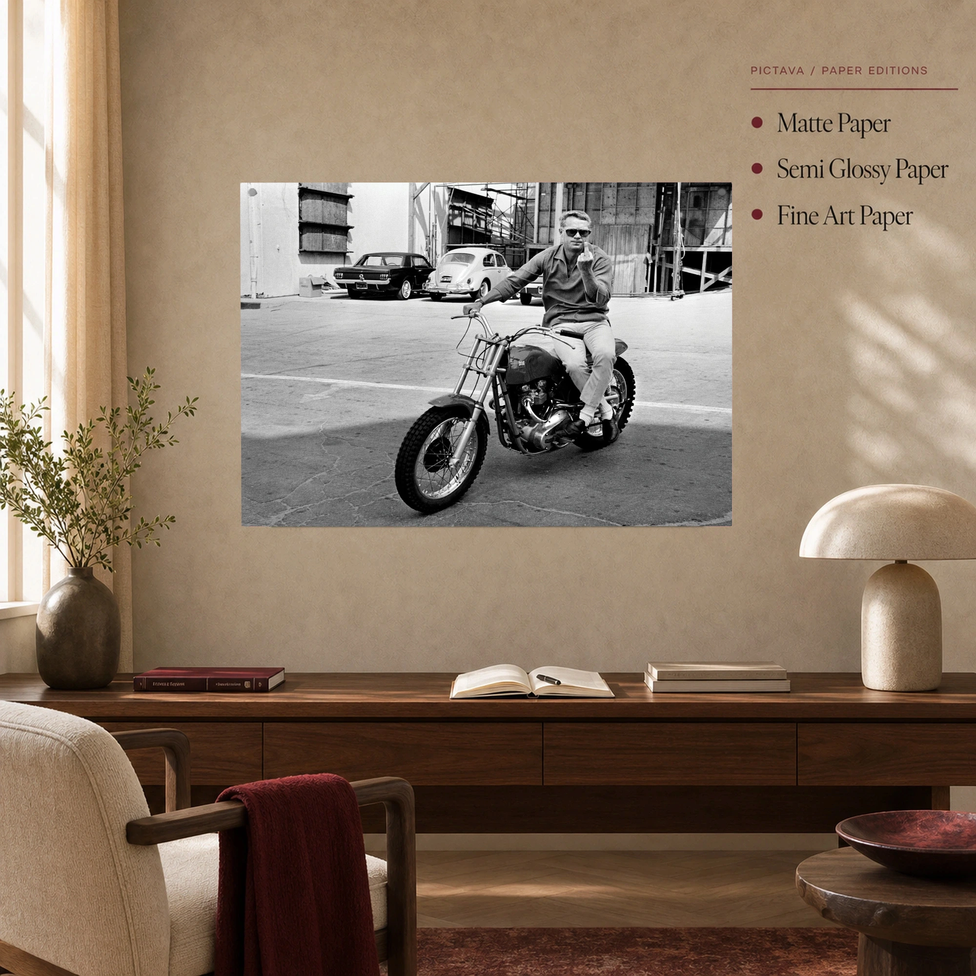 Steve McQueen Rebel Motorcycle Black and White Fine Art Print, view 3