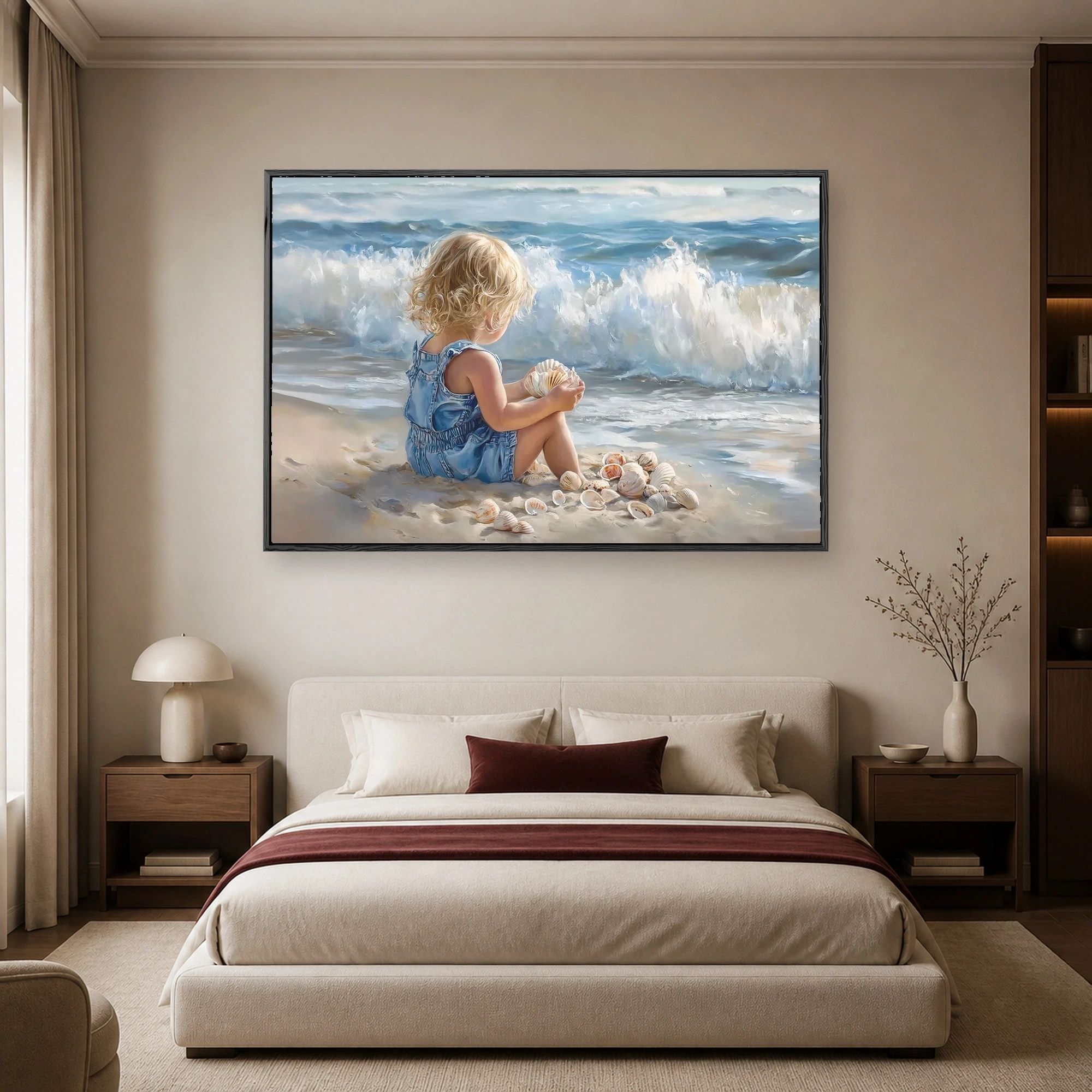 An impressionistic painting of a toddler with curly blonde hair in denim overalls sitting on a beach holding a seashell near ocean waves.