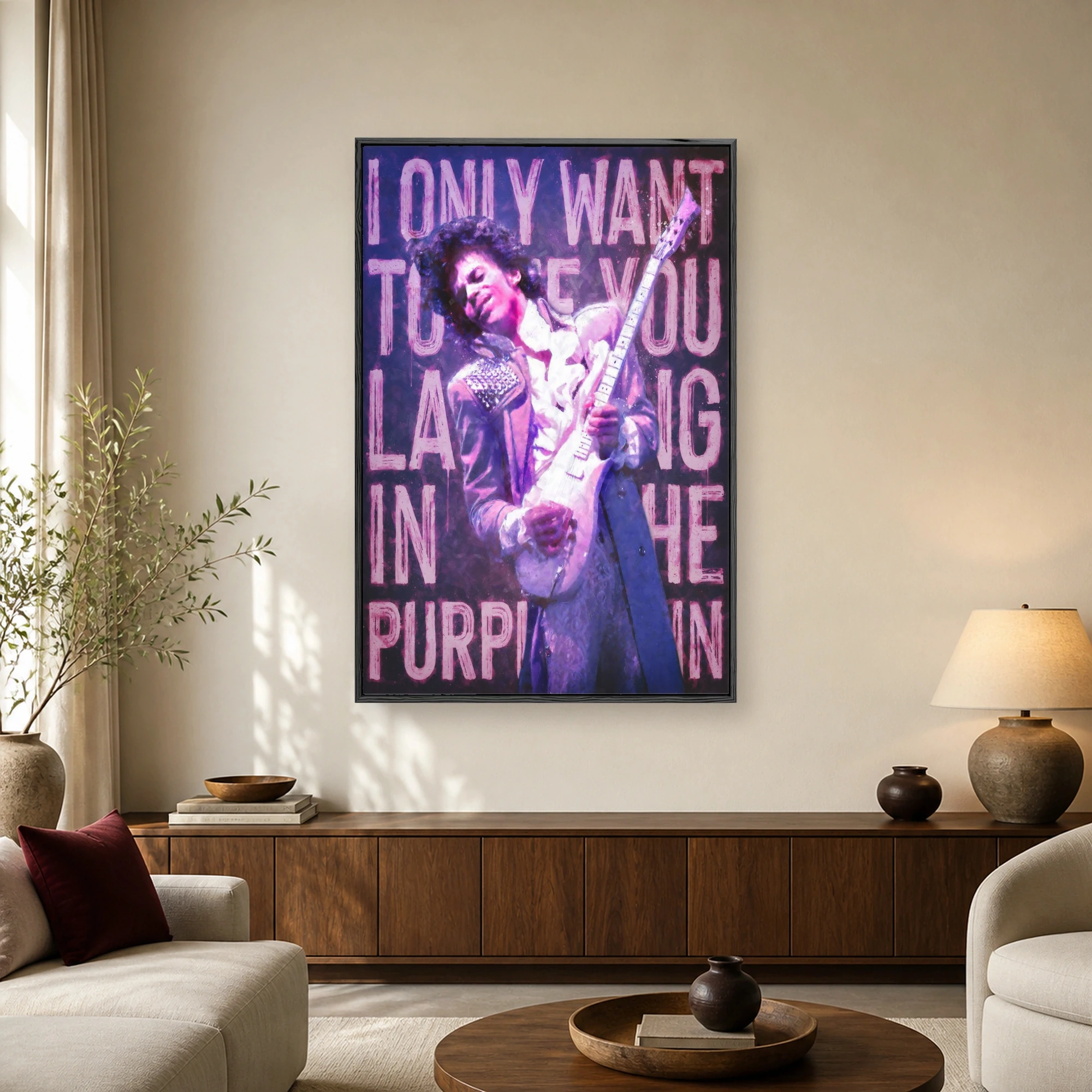 Pop art style portrait of a legendary musician playing an electric guitar against a textured purple background with lyric typography.