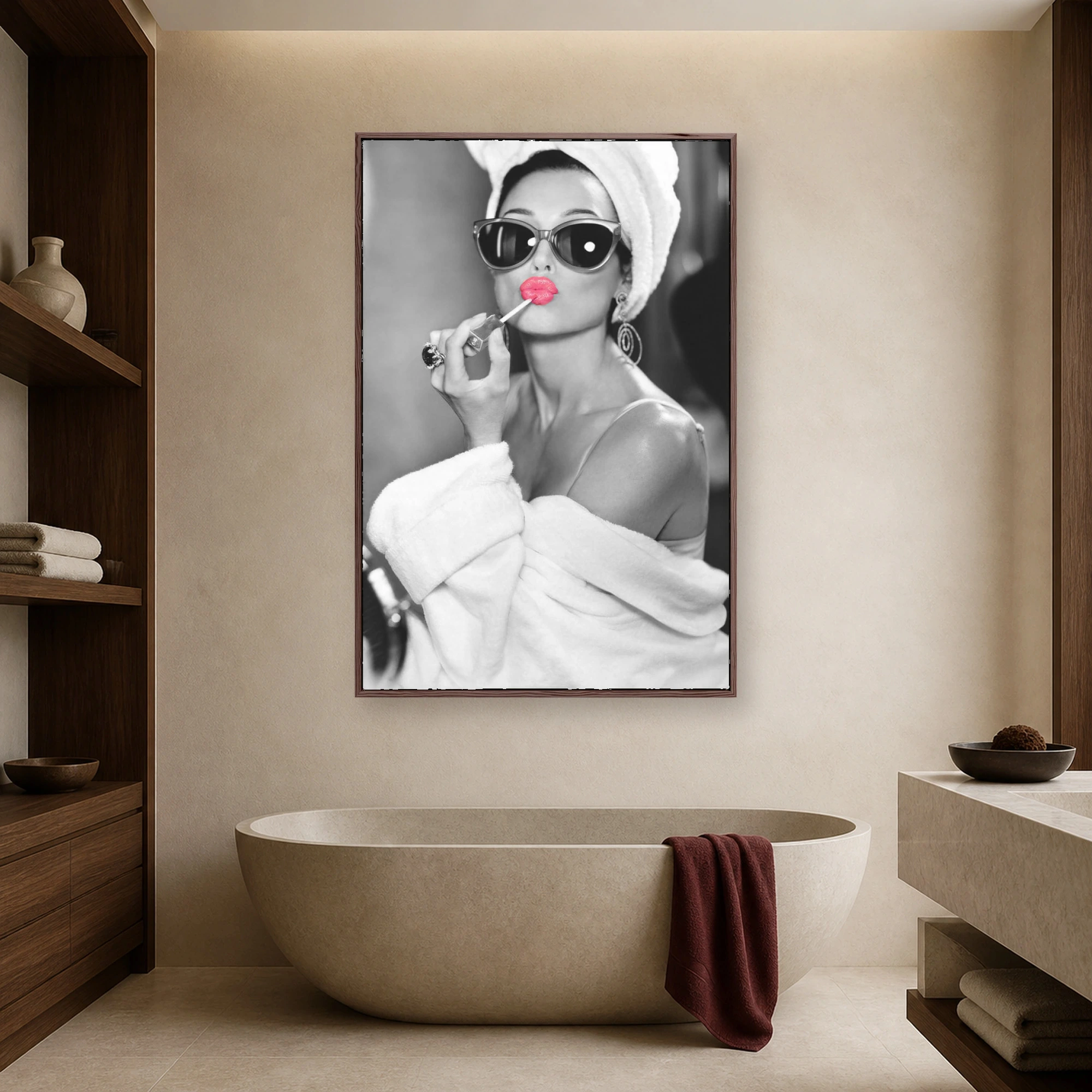 Audrey Hepburn Chic Bathrobe & Pink Lipstick Portrait Wall Art, view 3