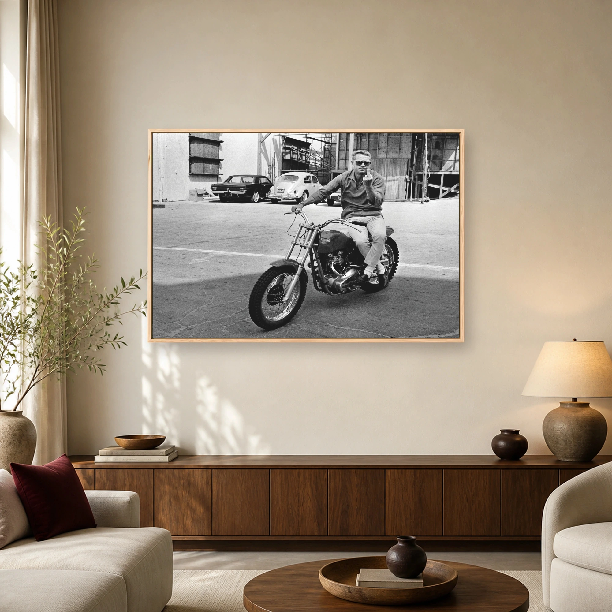 Steve McQueen Rebel Motorcycle Black and White Fine Art Print, view 2