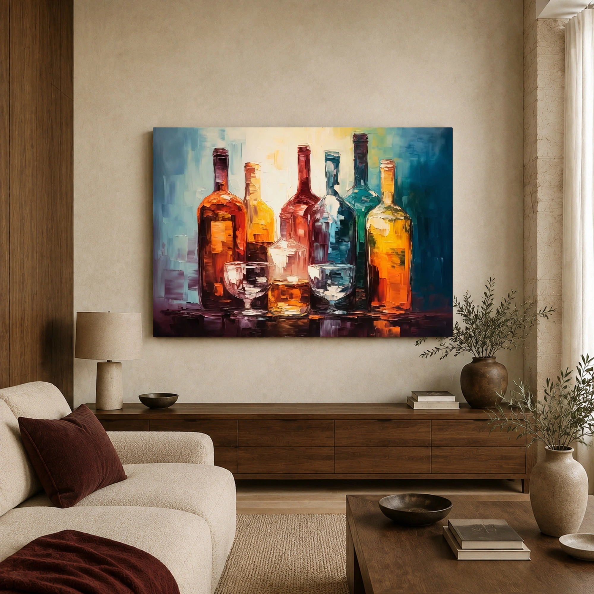 Luminous Glass Bottles Modern Impasto Canvas Art Print, view 4