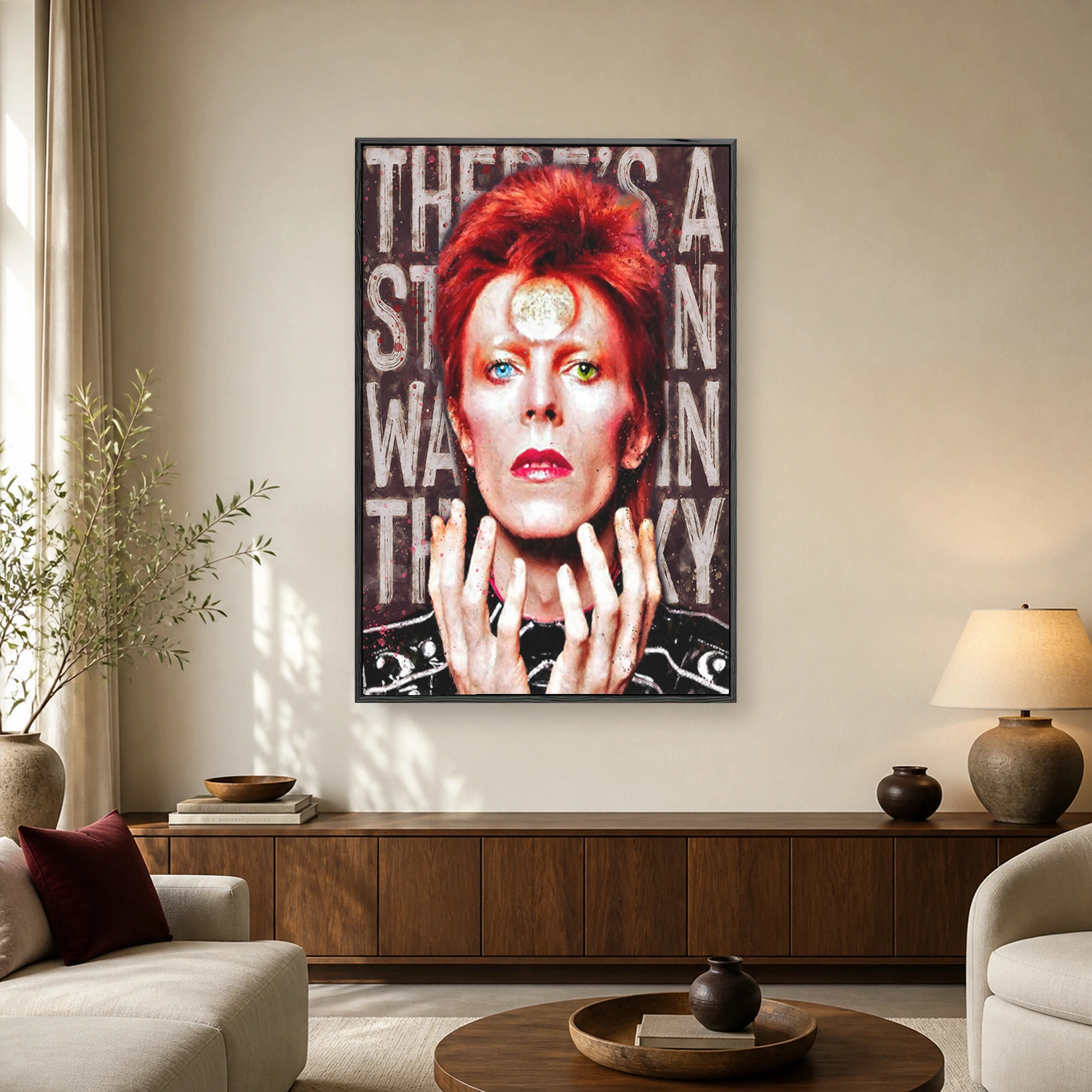 Digital painting portrait of a rock musician with red hair, celestial forehead mark, and song lyric typography in the background.