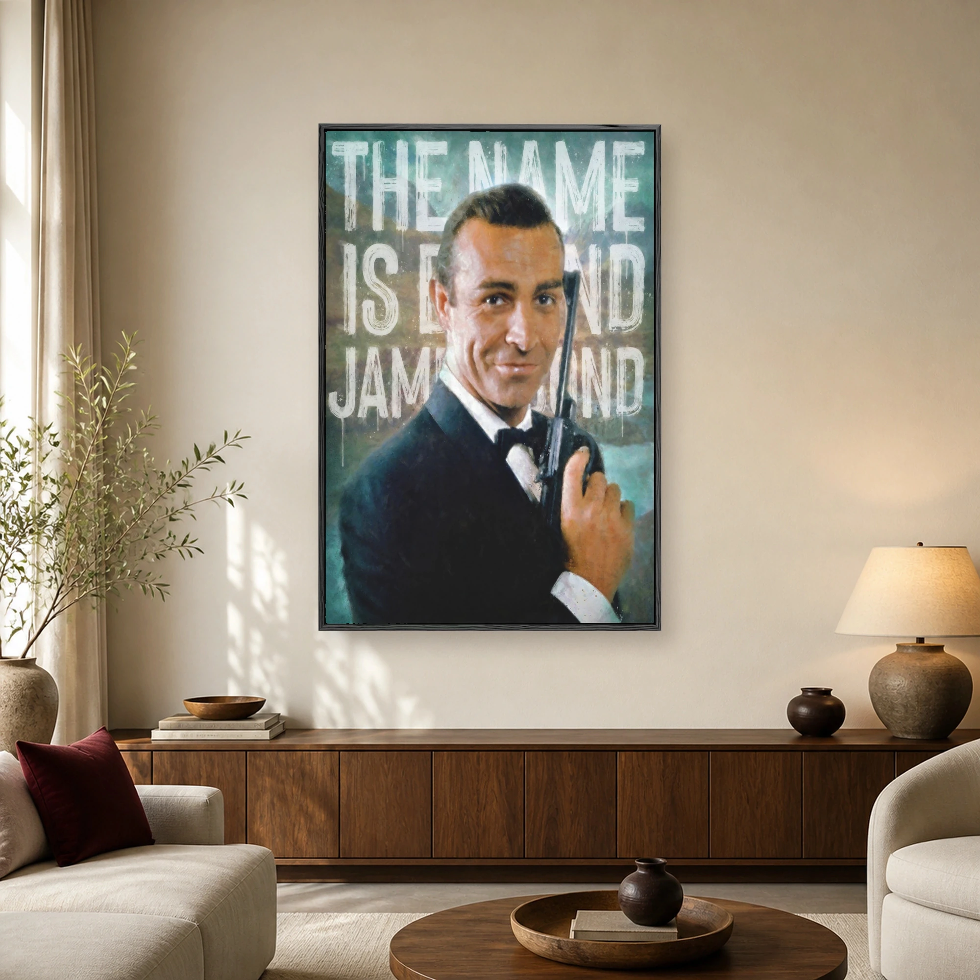 Stylized pop art portrait of James Bond in a tuxedo holding a pistol against a distressed teal typographic background with the phrase The Name Is Bond.