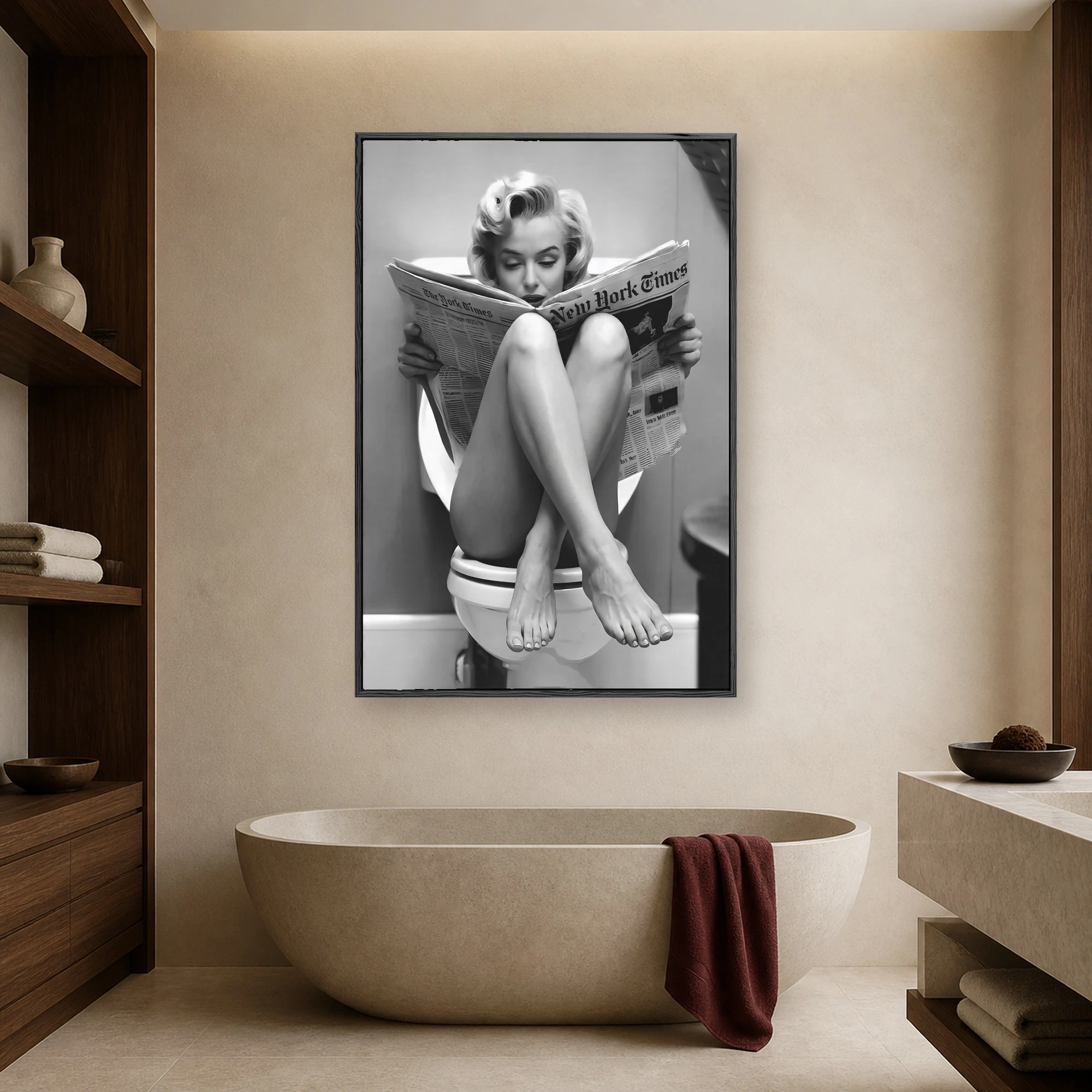Black and white fine art print showing a Marilyn Monroe style figure seated on a toilet reading The New York Times broadsheet.