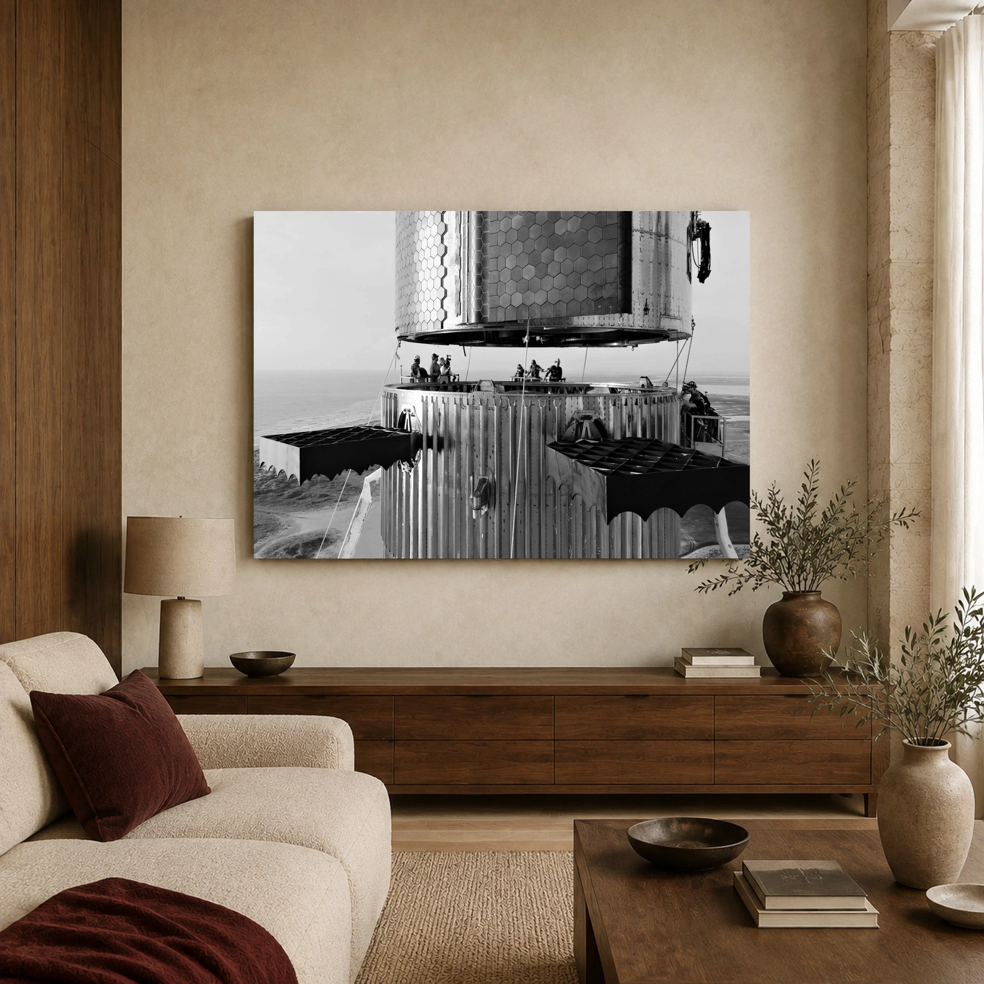 Black and White Starship Rocket Assembly Canvas Art, view 3