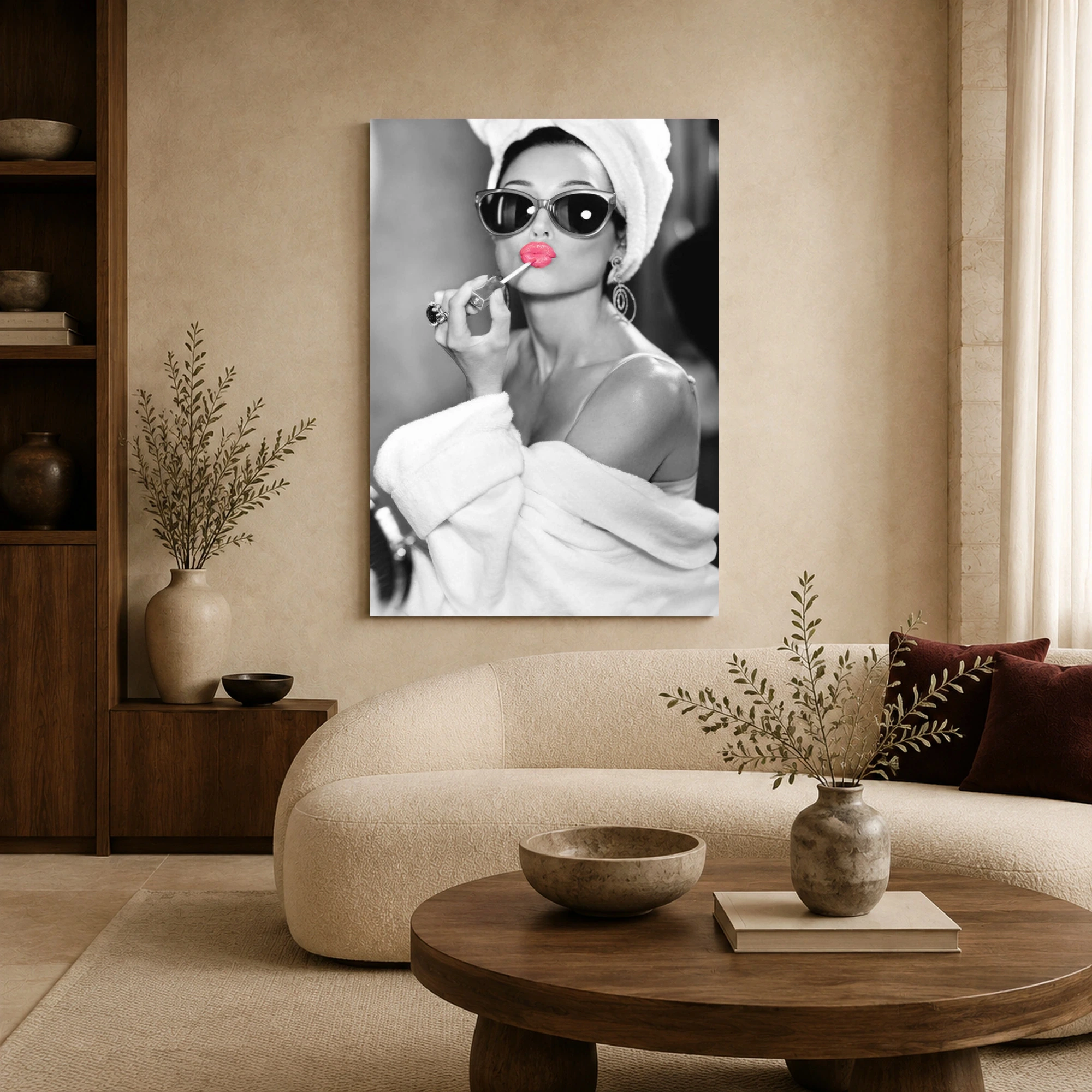Audrey Hepburn Chic Bathrobe & Pink Lipstick Portrait Wall Art, view 6