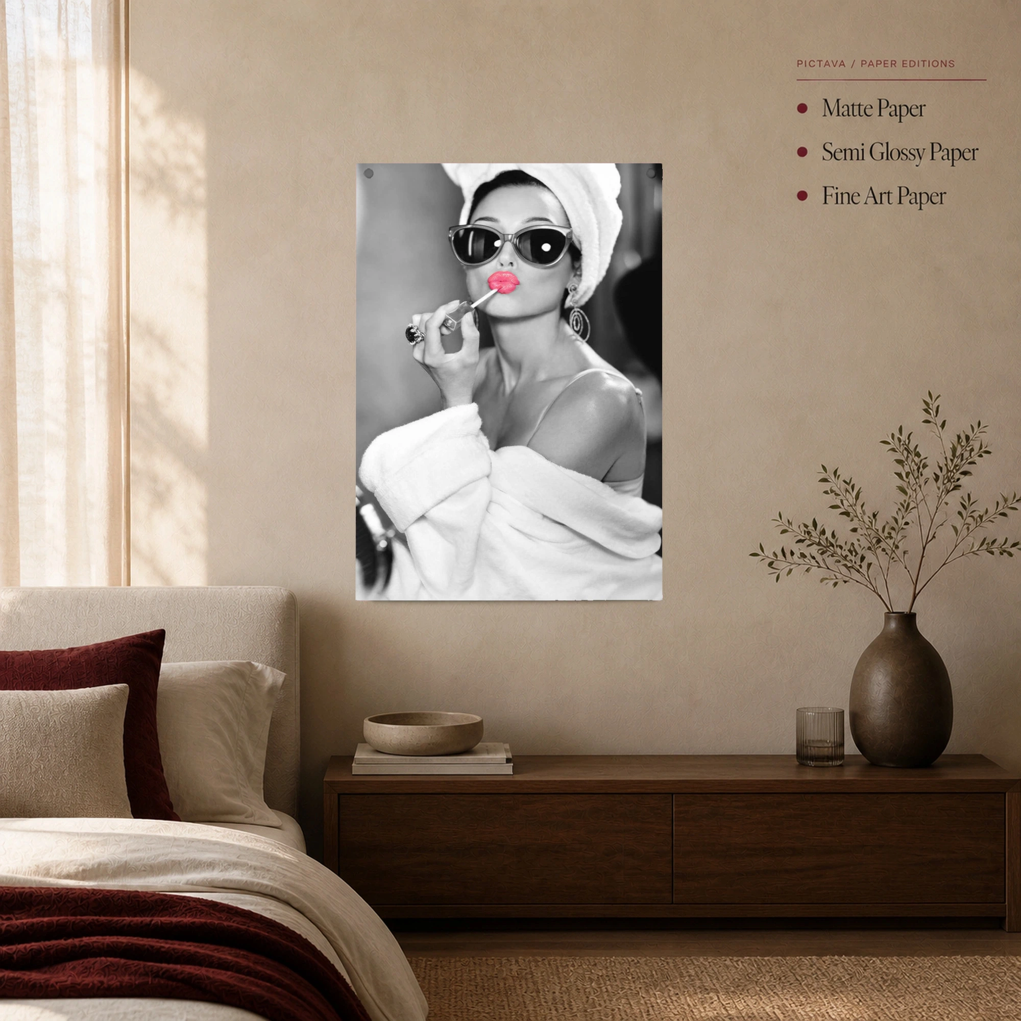 Audrey Hepburn Chic Bathrobe & Pink Lipstick Portrait Wall Art, view 7