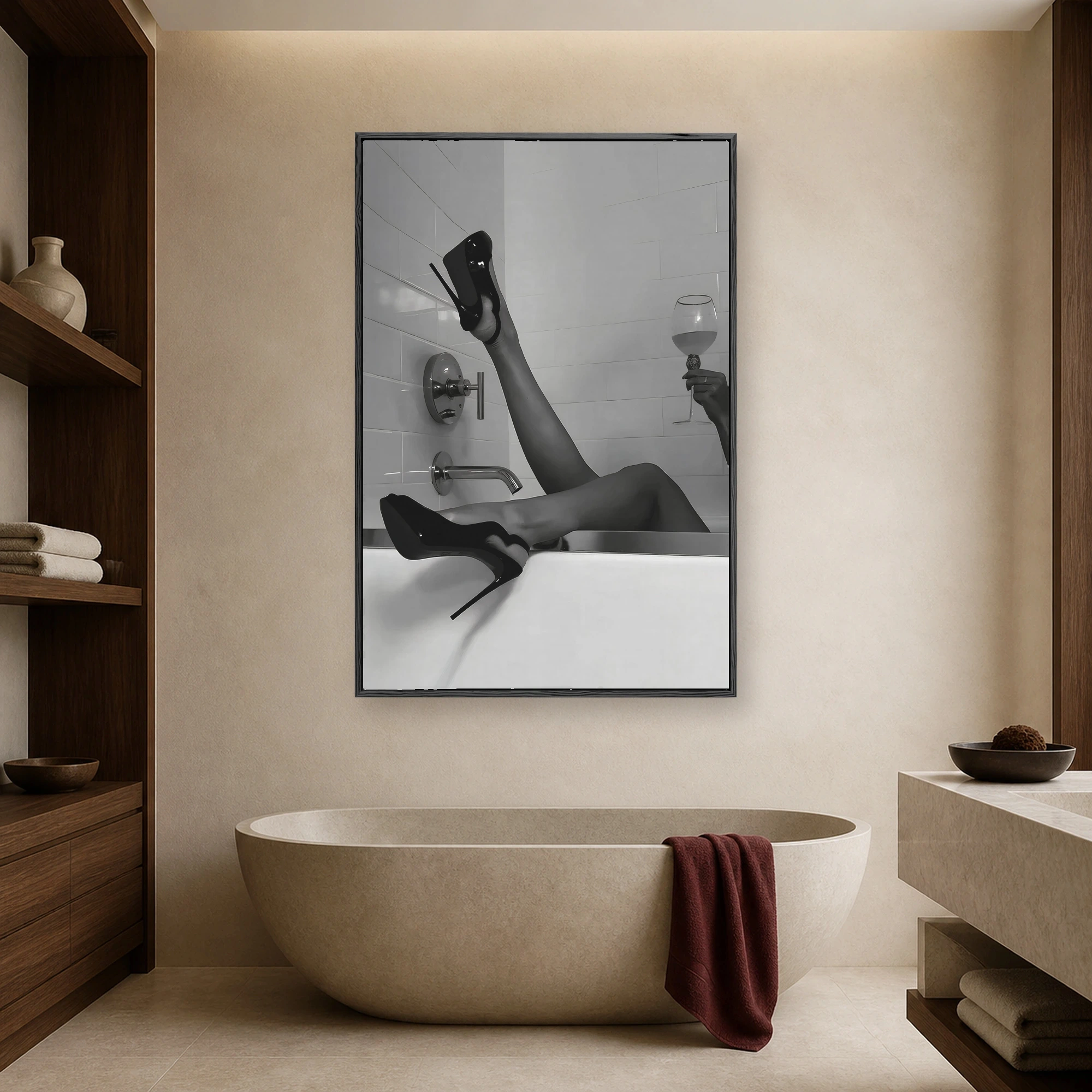 Black and white glamour photograph depicting legs with black high heel stilettos resting on a bathtub edge holding a wine glass against tiled walls.