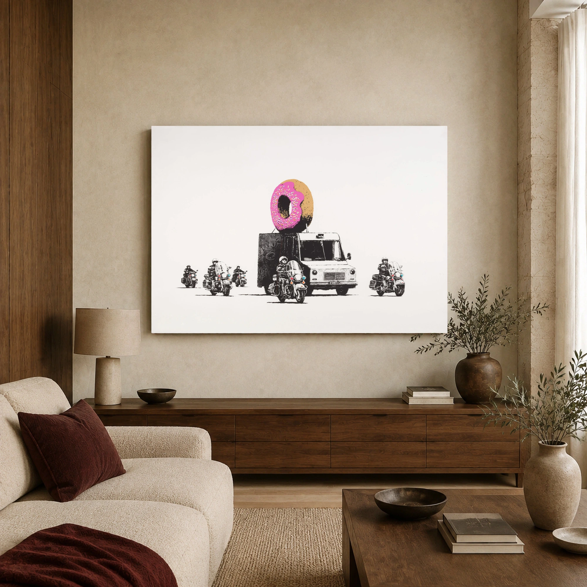 Satirical Donut Police Escort Street Art Canvas Print, view 2