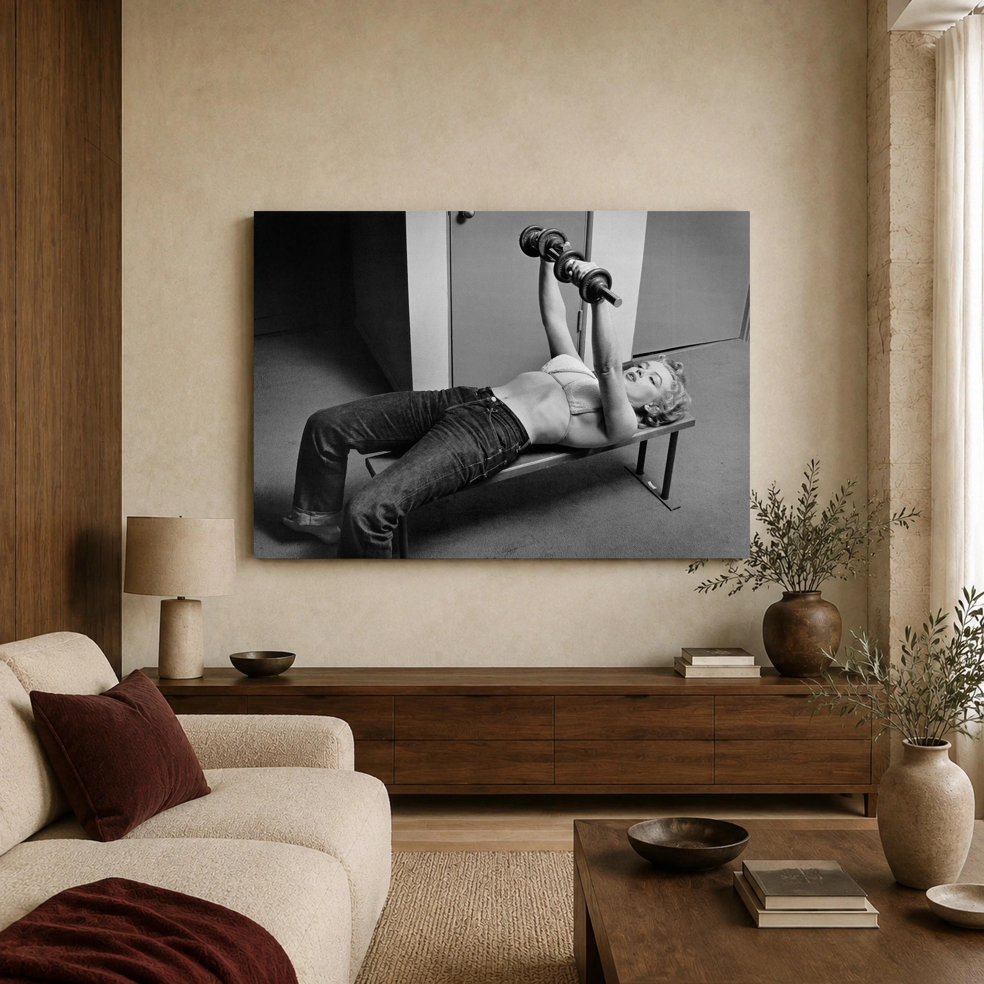 Marilyn Monroe Lifting Weights Vintage Black & White Wall Art, view 2