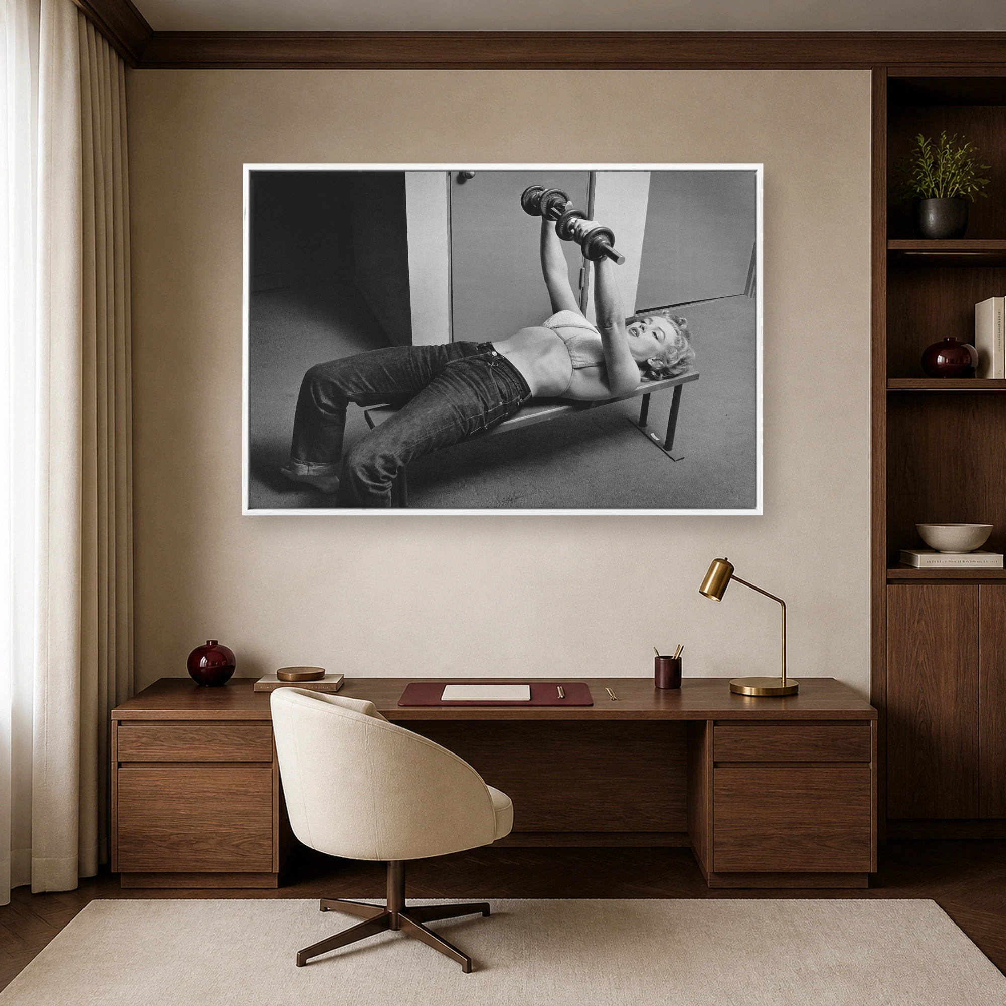 Marilyn Monroe Lifting Weights Vintage Black & White Wall Art, view 4