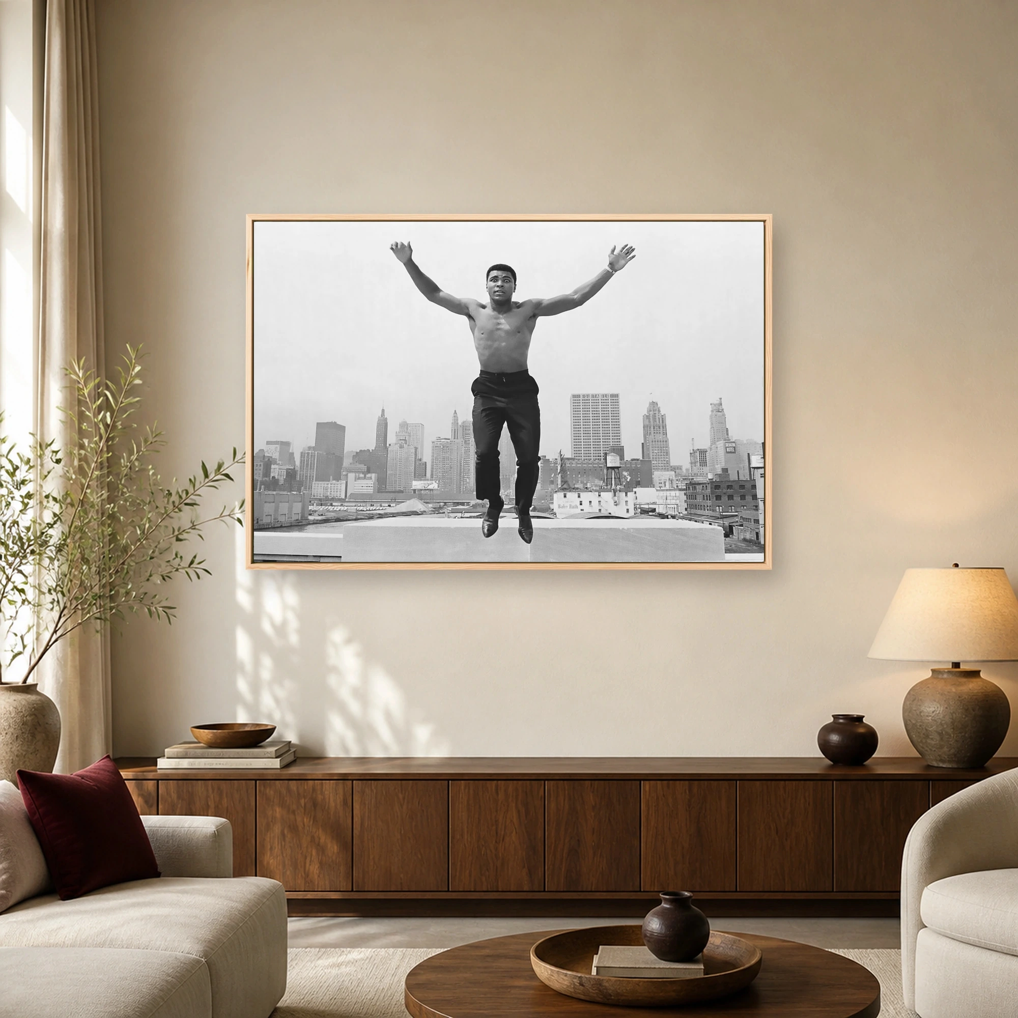Muhammad Ali Leaping Over Chicago Black and White Wall Art, view 3