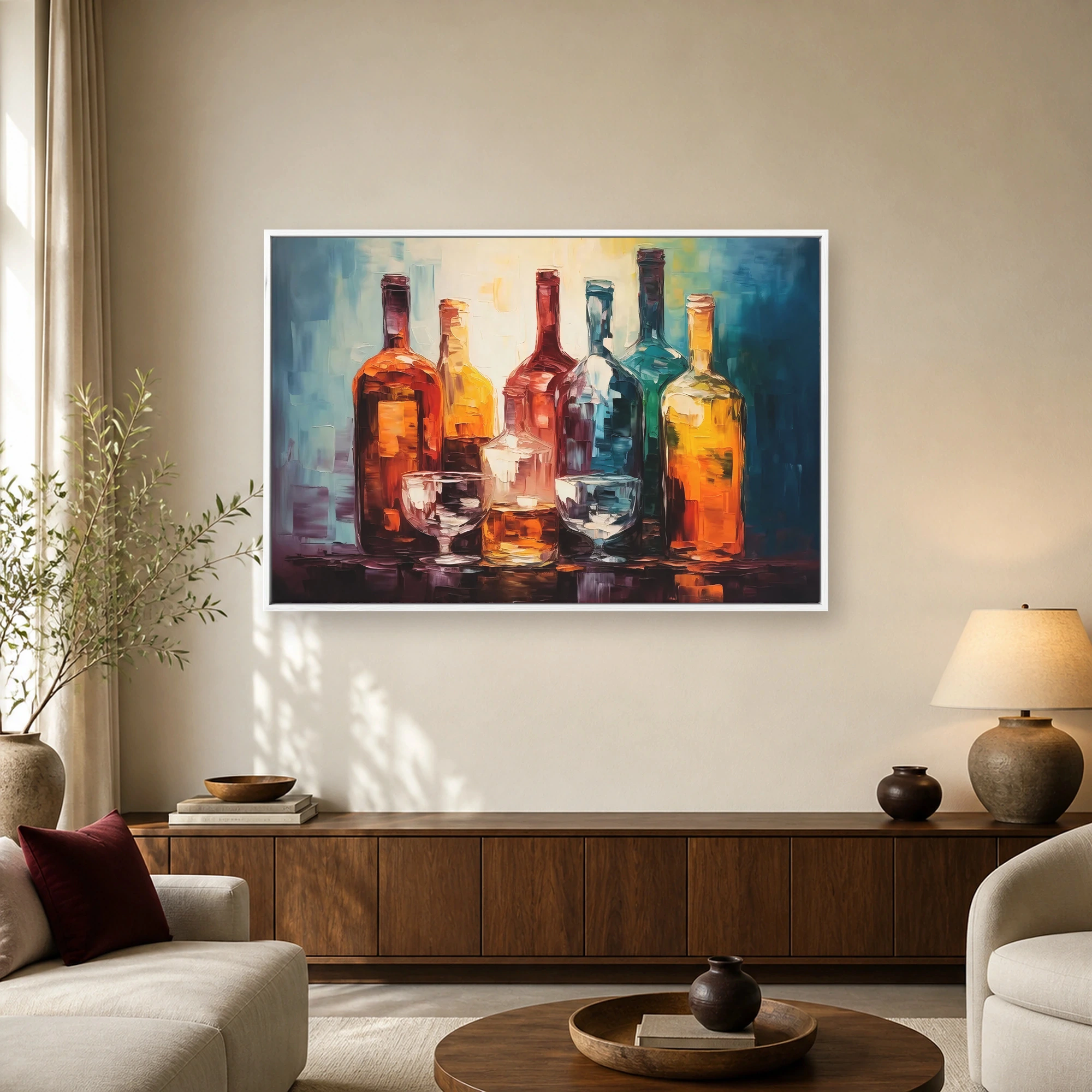 Luminous Glass Bottles Modern Impasto Canvas Art Print, view 3