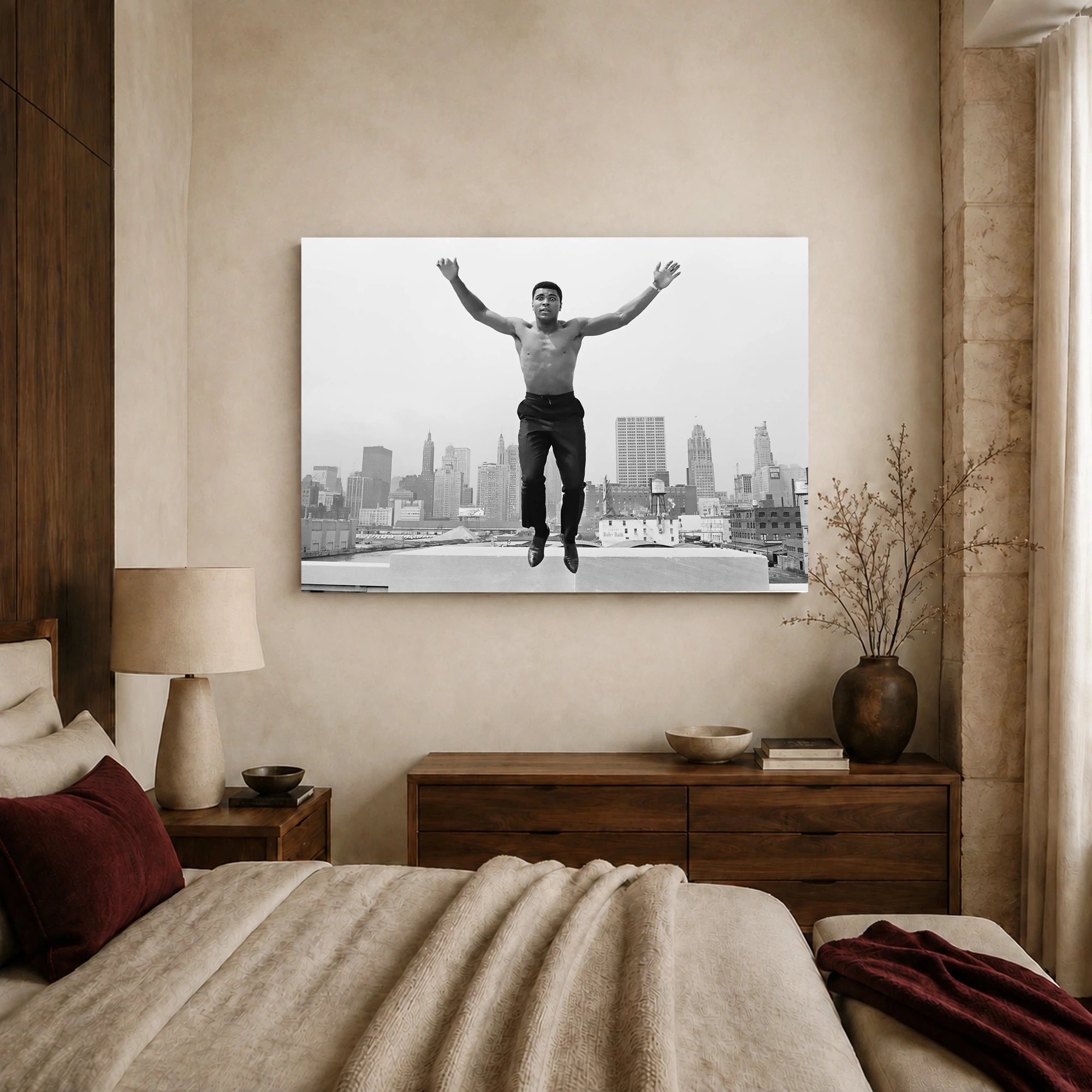 Muhammad Ali Leaping Over Chicago Black and White Wall Art, view 6