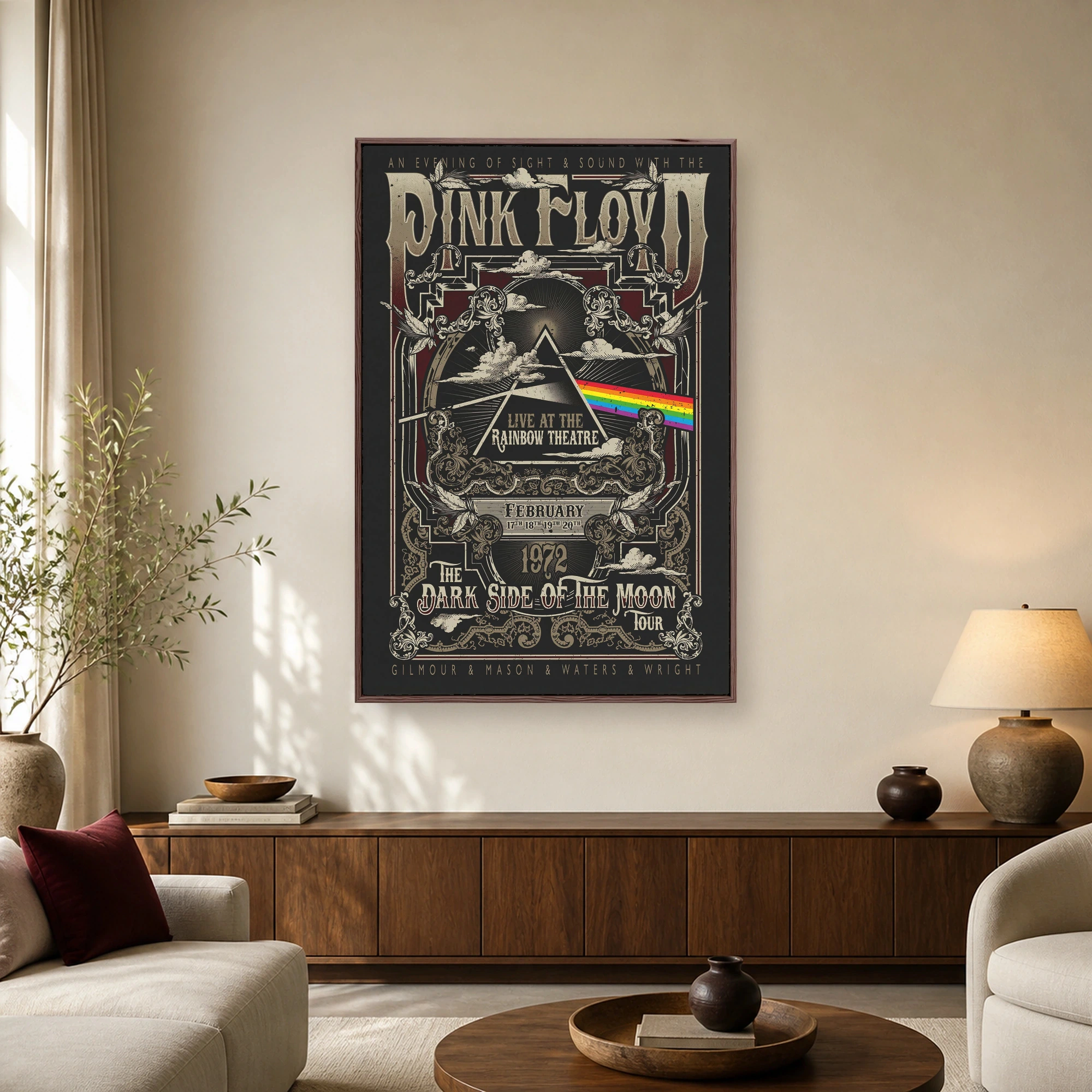 Vintage concert poster artwork for Pink Floyd live at the Rainbow Theatre 1972 featuring a prism dispersing a rainbow spectrum surrounded by ornate scrollwork.